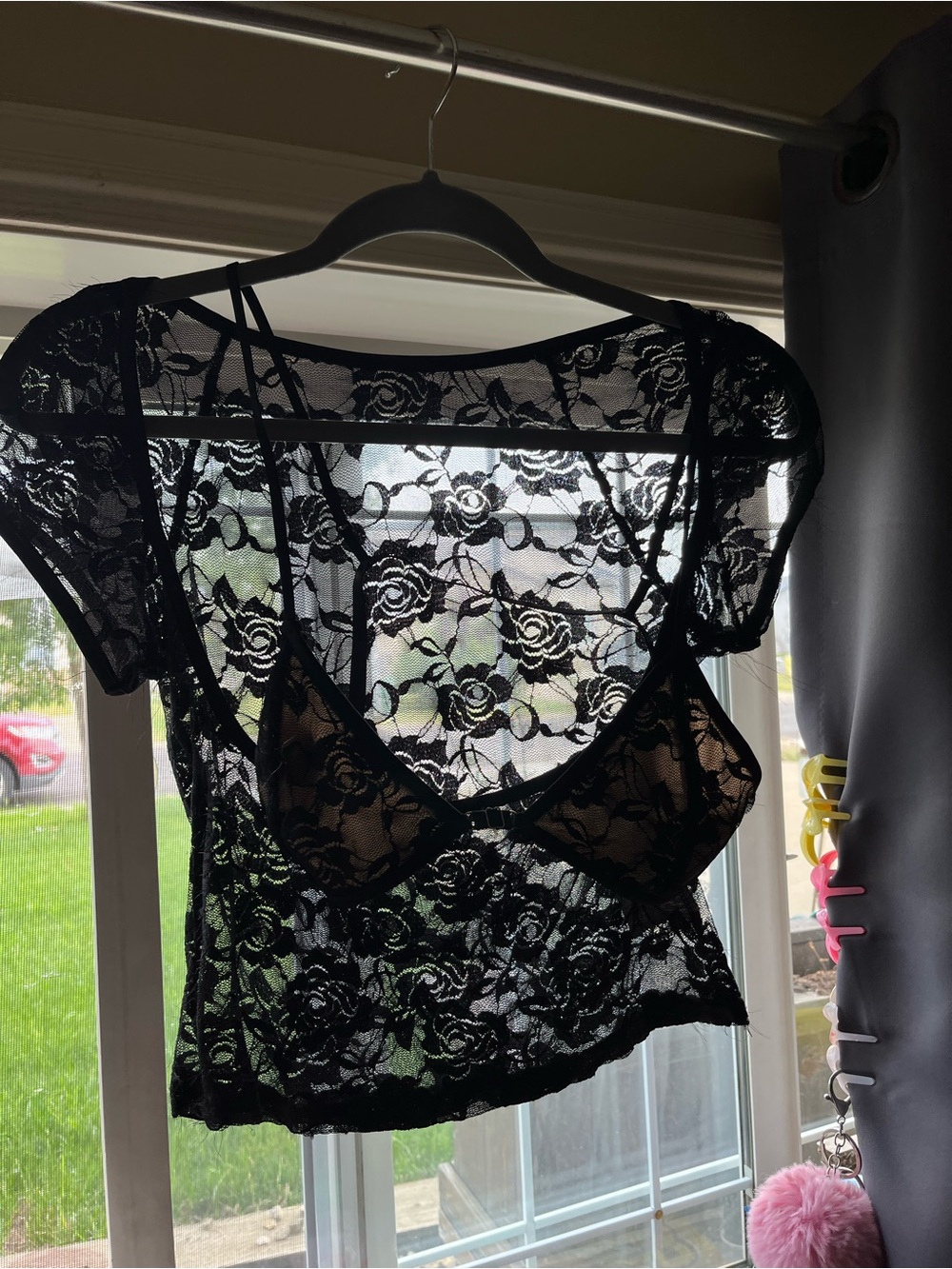 Sheer Lace Short Sleeve Crop Top - Black